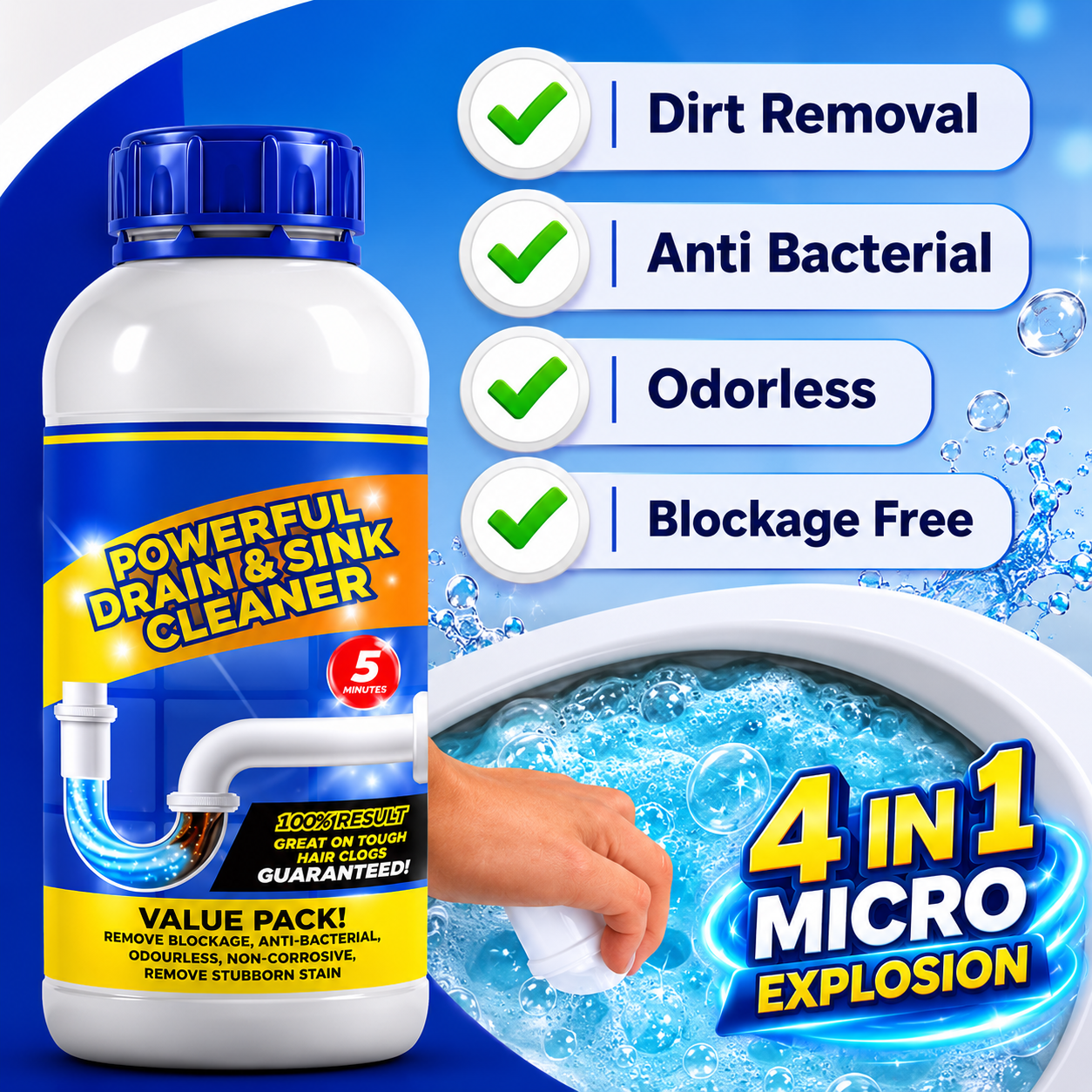 (DH) Sanitizo Powerful Drain & Sink Cleaner Powder 100 gm Each(Pack of 4)