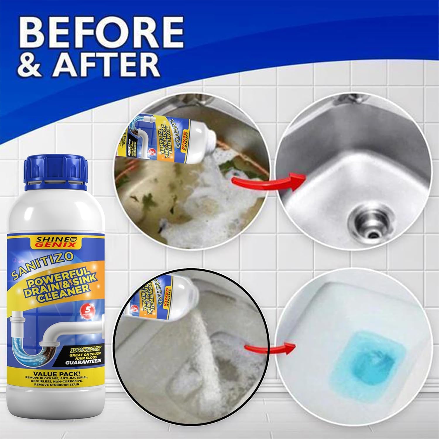 (DH) Sanitizo Powerful Drain & Sink Cleaner Powder 100 gm Each(Pack of 4)